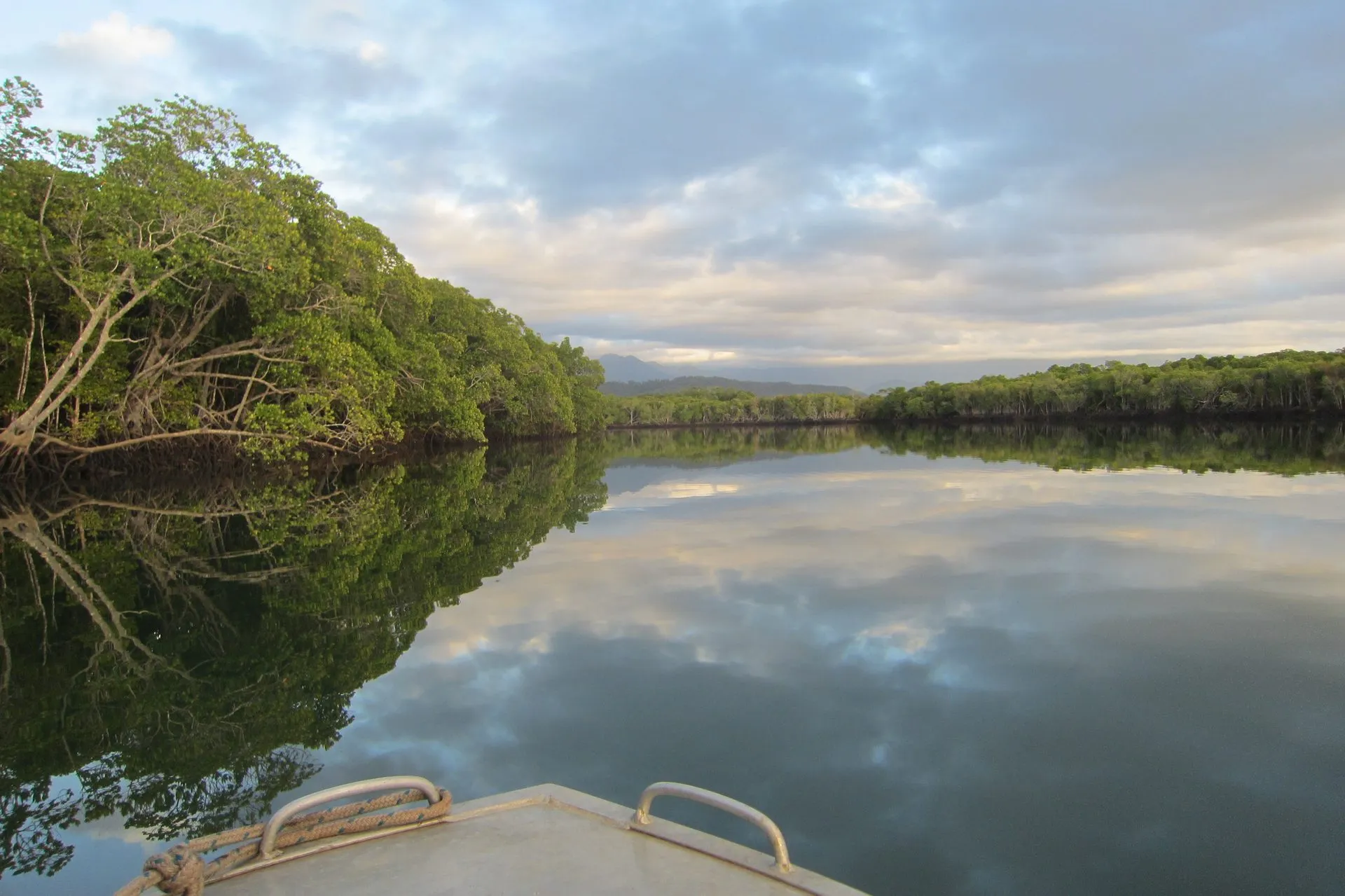 A flat-calm mangrove river at dawn seen over the bow of a small boat, cloud reflected on the water and forested ranges in the distance, tropical north Queensland.