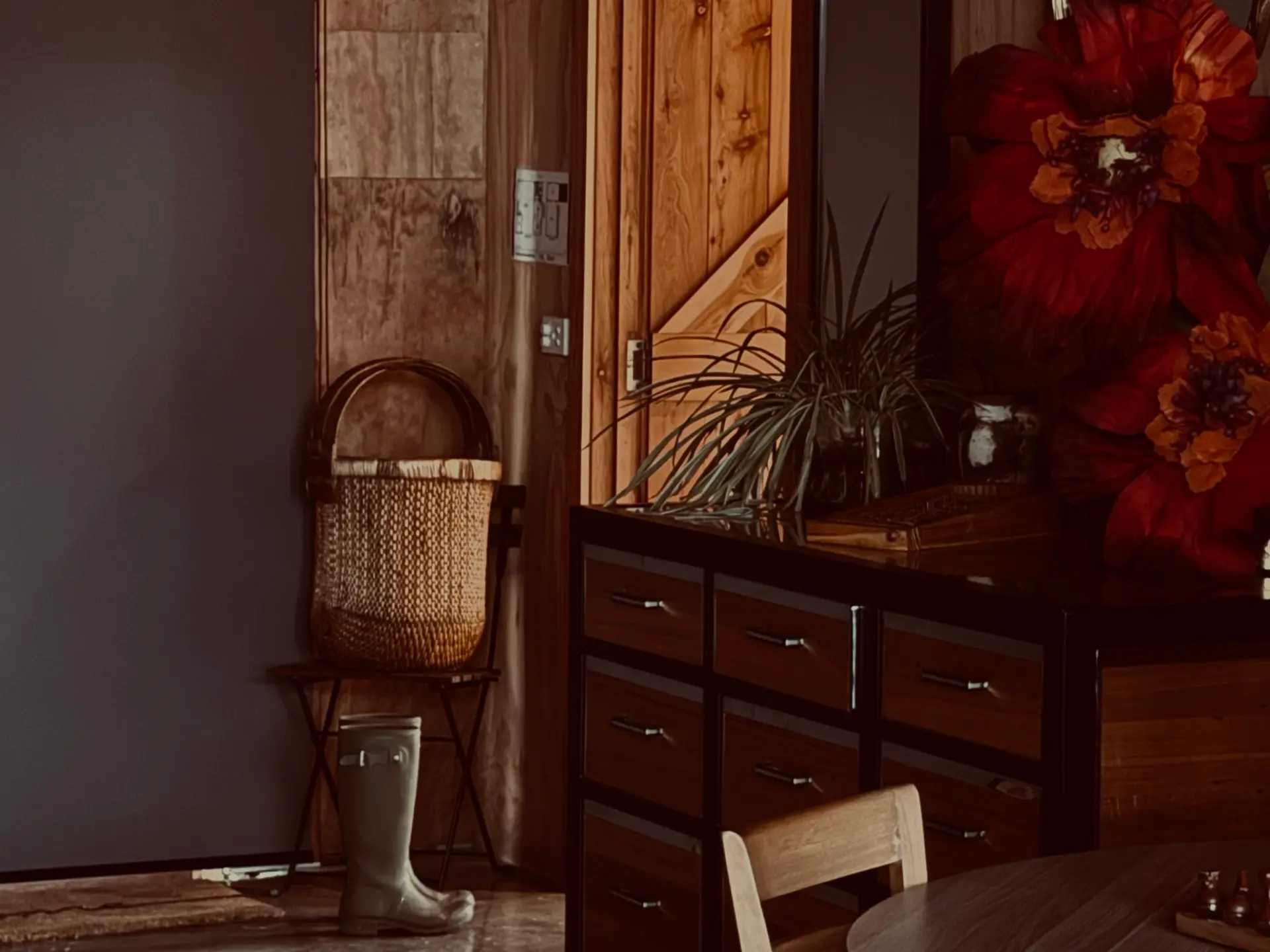 Warm timber lodge interior at dusk